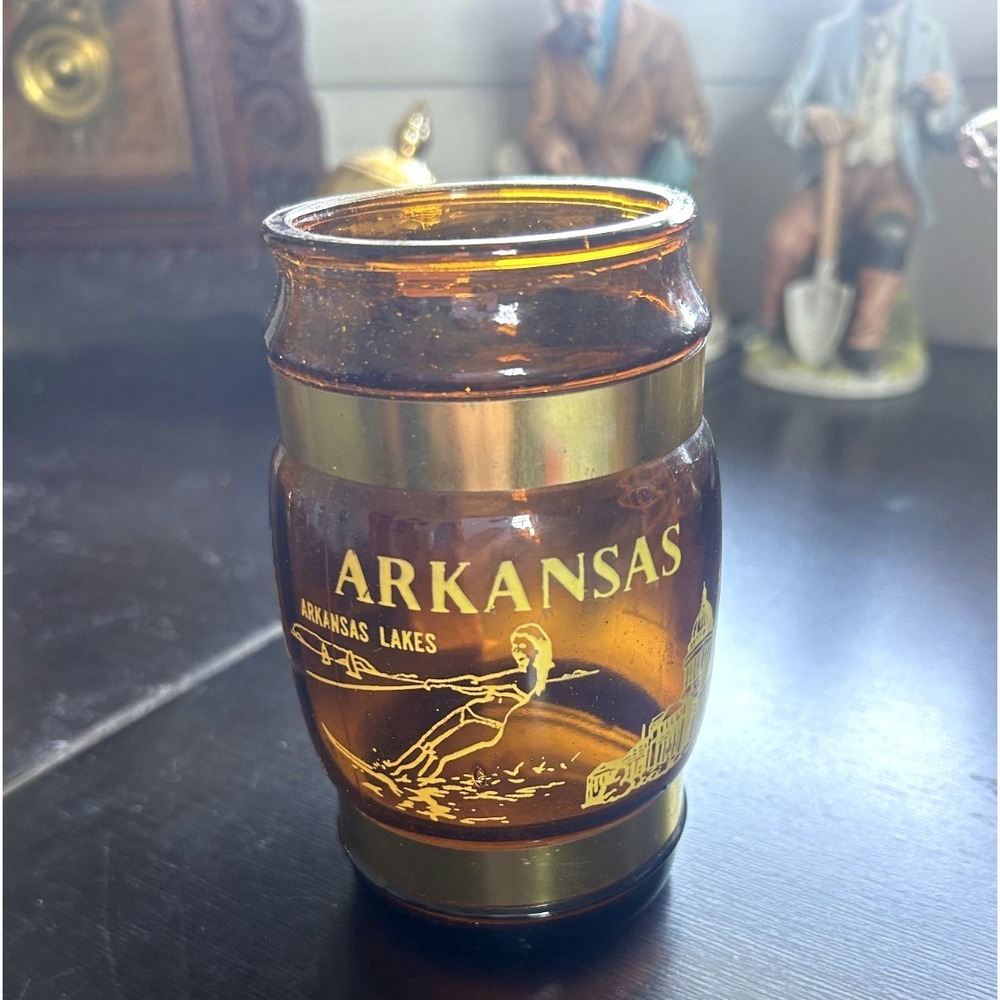 Siesta Ware Amber Glass Mug Wood Handle Arkansas Lakes Barrel Vintage